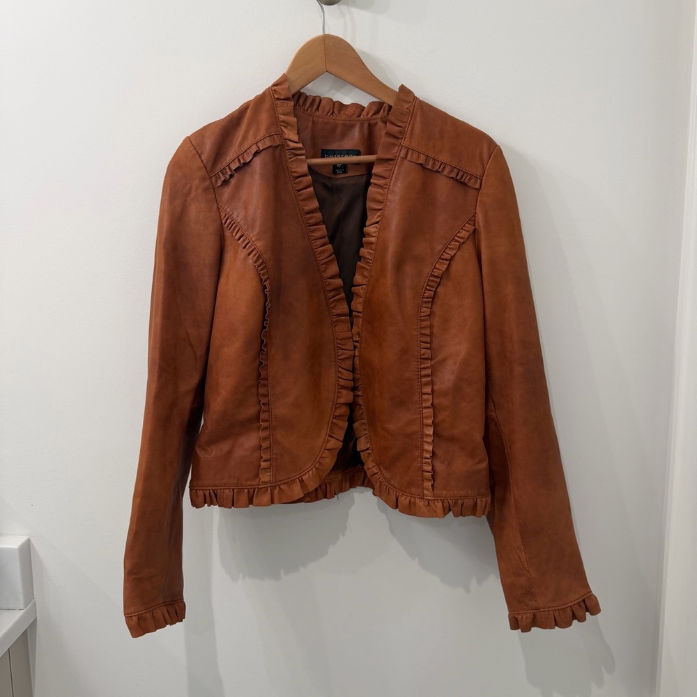 Women’s 100% Leather Brown Boho Ruffle Leather Jacket, Size M